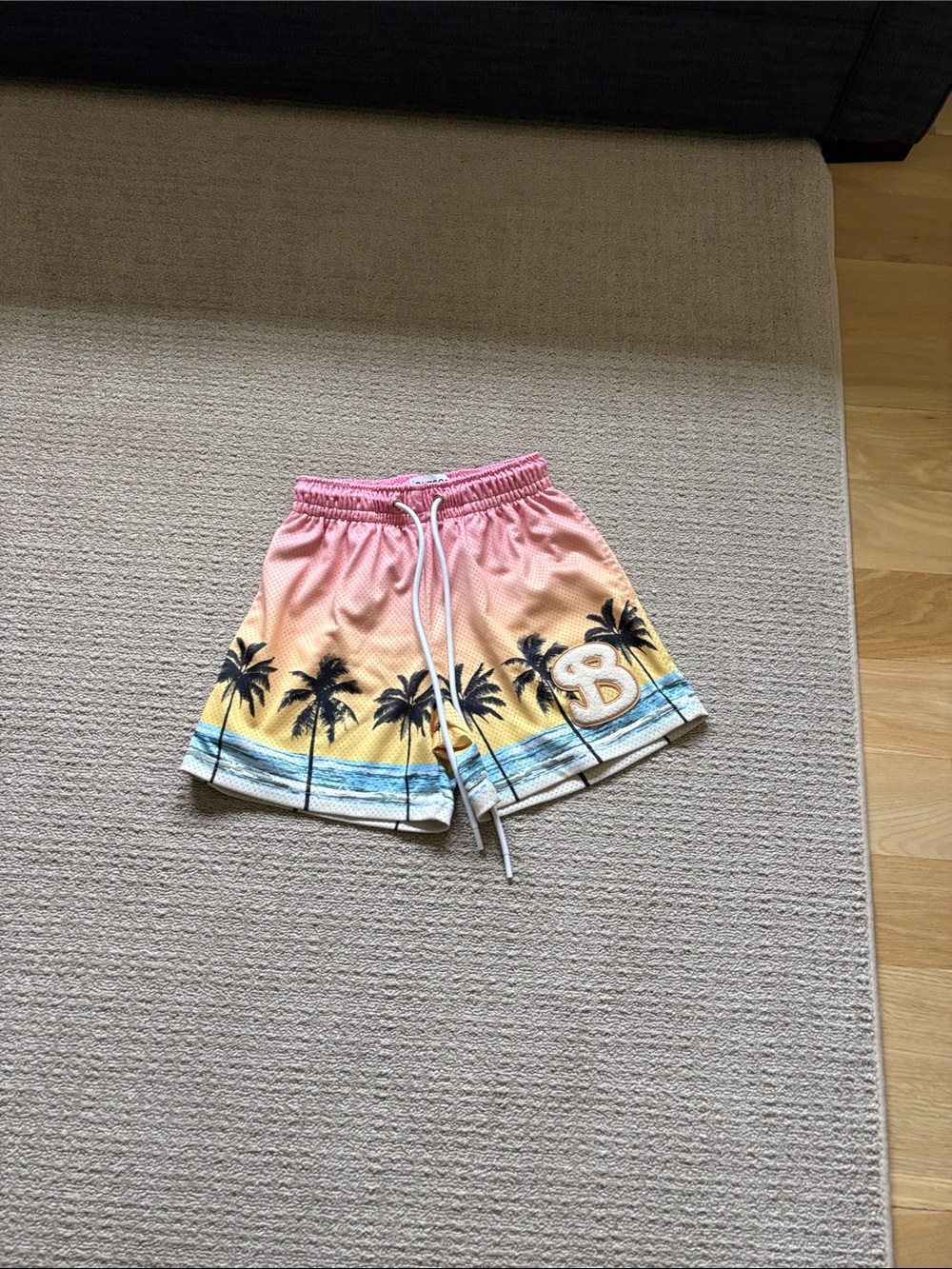Men's BKTSQD Palm-Print Gradient Beach Shorts - Pink/Yellow